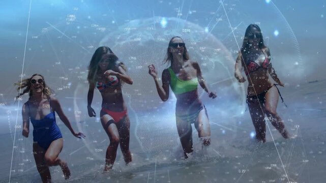 4 women accelerating to lens on shore, producing bigger splashes for marketing with globe overlay