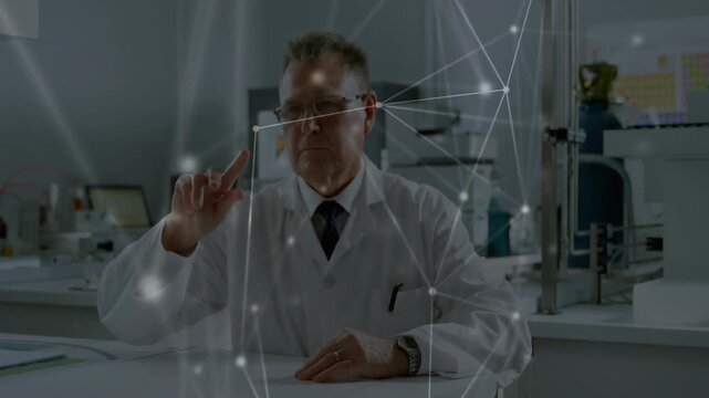 Animated network appearing, senior scientist tracing and tapping nodes on lab bench for analysis