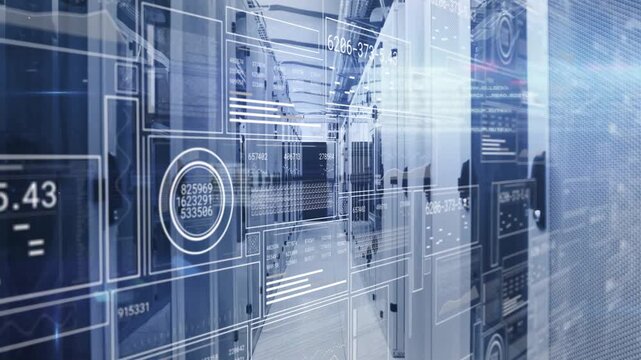 Central data center aisle showing HUD panels after data query, gauges scanning racks for monitoring
