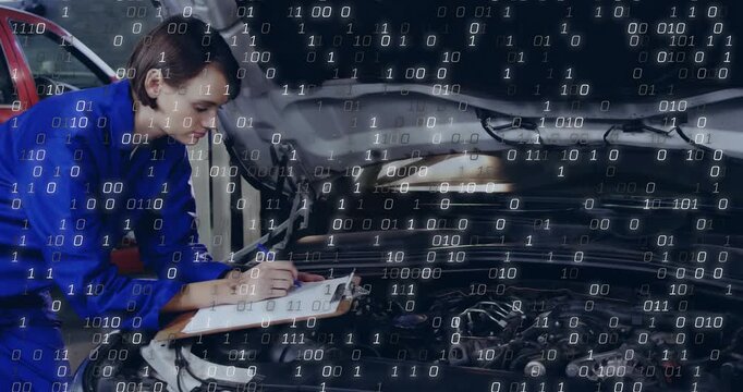 Woman tech inspecting engine and noting checks in bay while binary drifting partly hiding engine