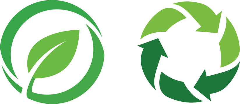 Green ecology cycle icons with plant leaves and rotating arrows