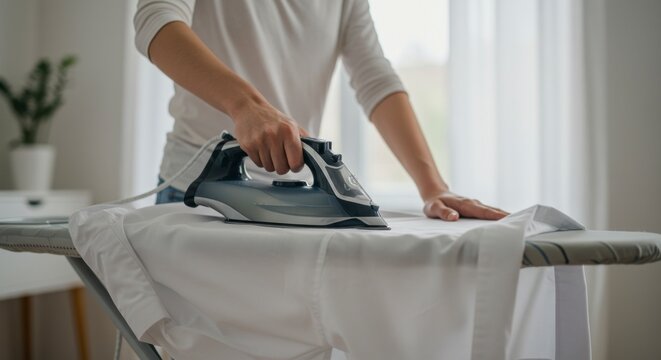 Person ironing shirt on board indoors day domestic household activity
