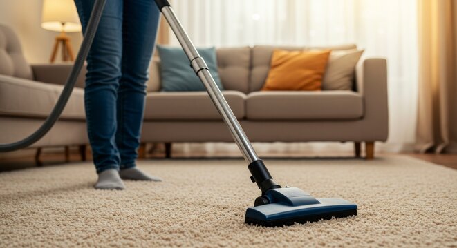 Woman vacuuming carpet in living room with sofa cleaning and home interior