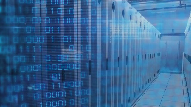 Camera moving forward revealing server racks aisle, closed door, binary scrolling and light streaks