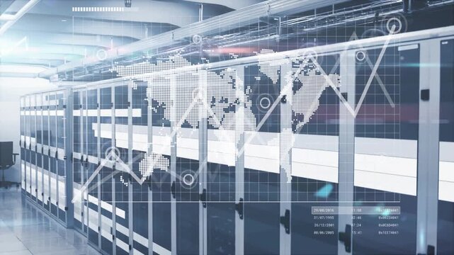 Sequence starting with racks filling frame fading world map drawing nodes and visualizing IT trend