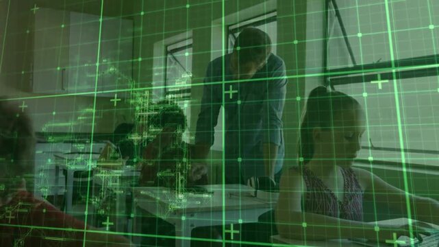 Male teacher leaning over students after spotting worksheet issue, HUD grid animating in classroom