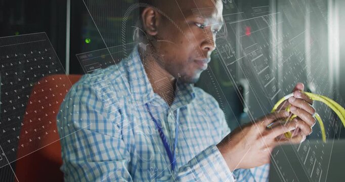 Tech picking yellow cables server-room inspecting pins, preparing laptop link with UI showing ports