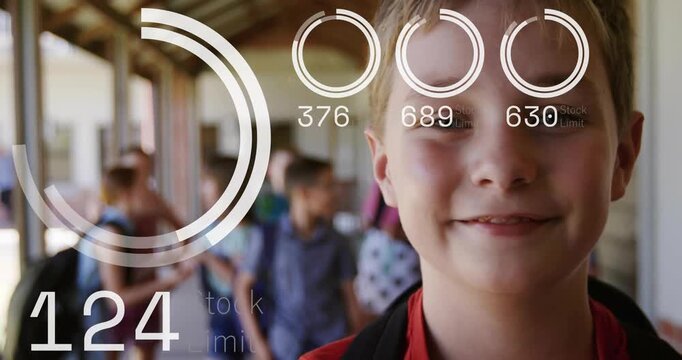 Boy holding pack in sun corridor on start HUD overlay gauges counter incrementing for school