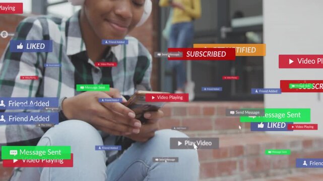 Seated teen tapping phone on brick steps, checking alerts, spawning social media badges over hands