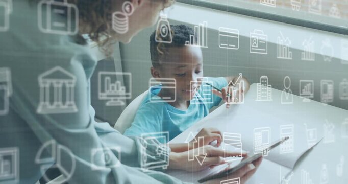 Woman tapping tablet, guiding child writing on paper, education icons floating across frame