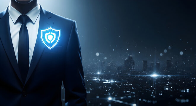 A man in a suit with a glowing blue shield on his chest standing in front of a cityscape at night