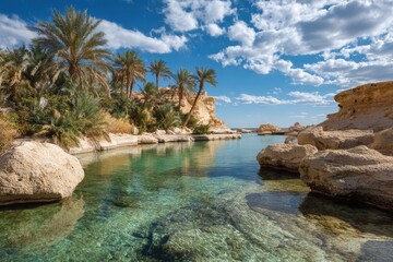 Obraz premium Serene Oasis - Crystal Clear Waters and Lush Palm Trees.