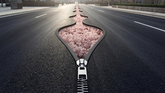 洗練された街で地面の下の桜の花畑を開く巨大ジッパーの表現