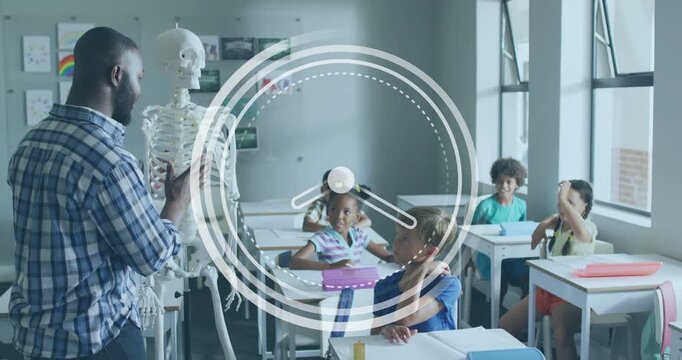 Male teacher moving skeleton, gesturing and explaining bones for education, clock overlay rotating