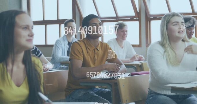 Male pupil writing during class after numeric overlays start scrolling, obscuring, clearing notes
