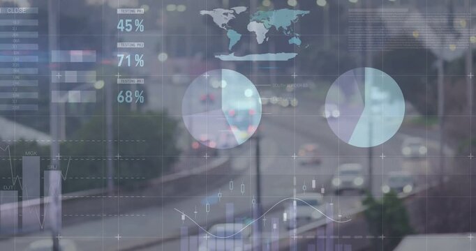 Live feed loading HUD over curving highway, animating pie charts, percentages for traffic analytics