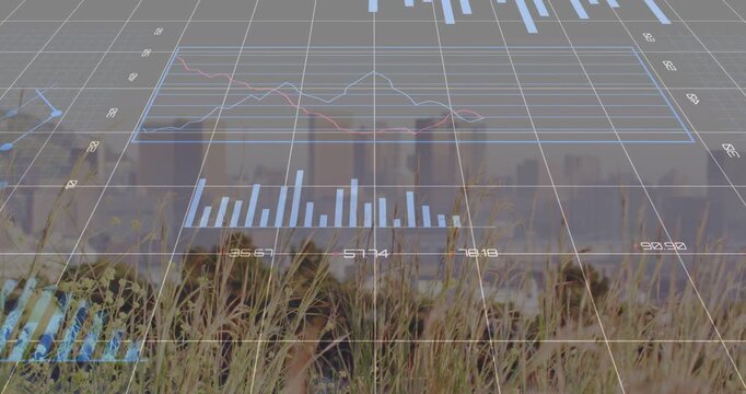 Vertical video: 3D tech HUD receiving feed and updating grid, bars, lines, ring over grass skyline