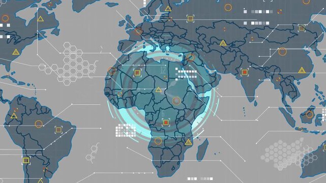 Aqua HUD rising over ocean, growing, sweeping Africa, showing borders, icons, links for IT tracking