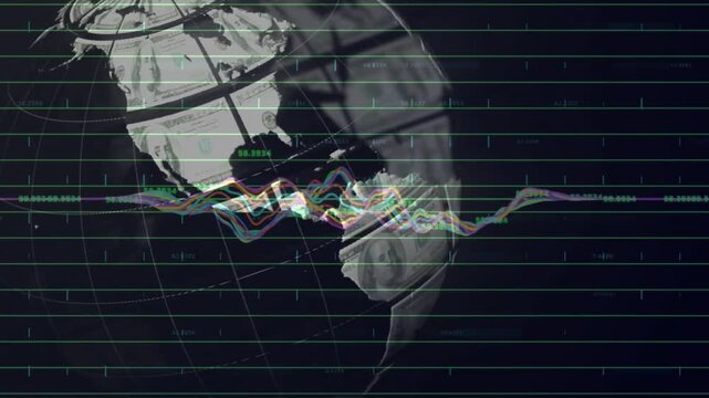 Vertical video: Money globe rotating while data feed driving traces along equator ticks for insight