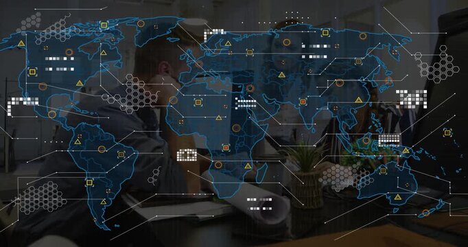 World map fading in, team leaning, pointing, typing, annotating plans to map global project data