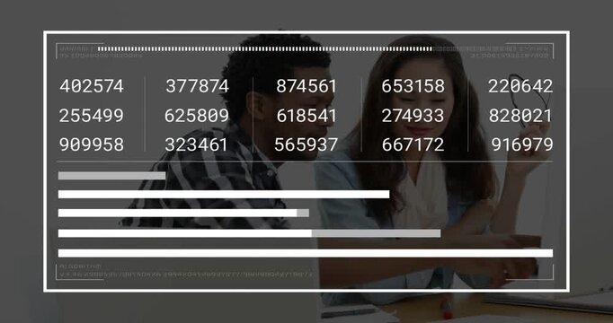 Two coworkers leaning and pointing at screen while overlay animating progress bars for business