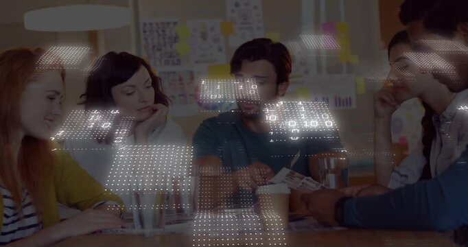 Vertical video: Design team meeting lead pointing cards causing binary overlay showing final choice