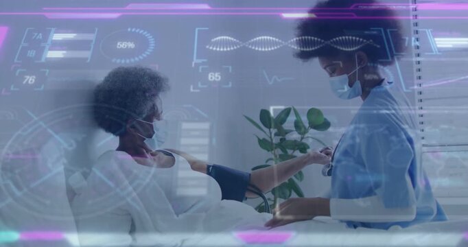Vertical video: Patient extending arm and nurse placing cuff while HUD showing vitals, measuring BP