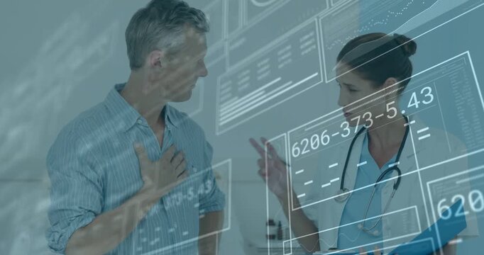 Patient placing hand on chest, causing doctor reading blue folder while HUD showing medical charts