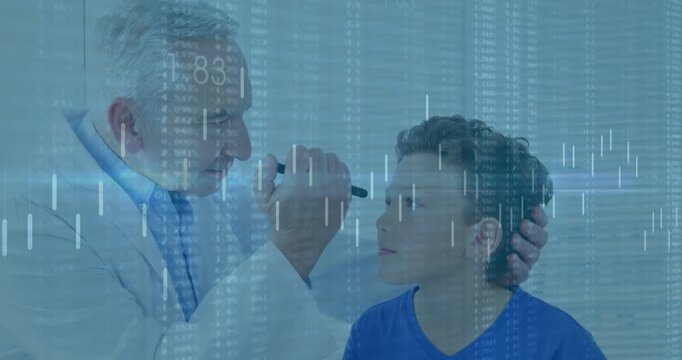 Vertical video: Doctor lifting light holding boy testing pupils with medical HUD following light