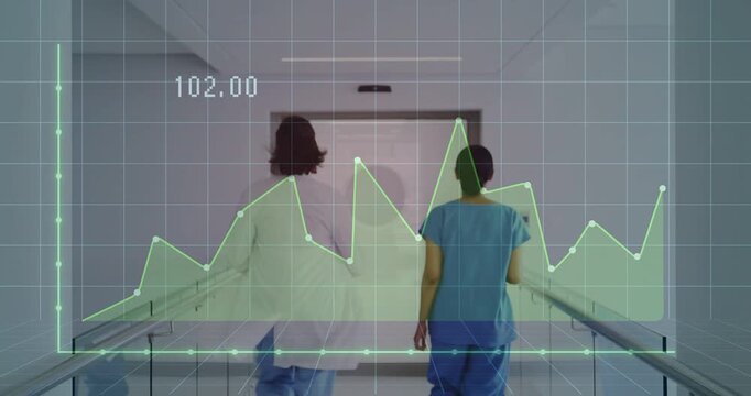 Dr and nurse walking corridor, sensor activating HUD grid and line chart rising, monitoring vitals