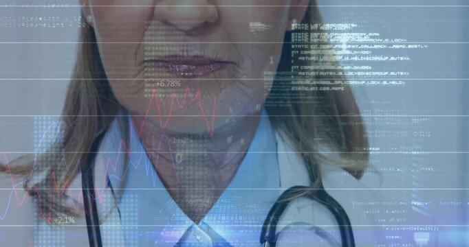 Vertical video: Sr MD camera panning up revealing smile as HUD crossing stethoscope showing vitals