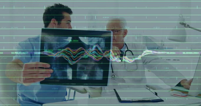 Tech holding X-ray toward light, senior doctor pointing, animated graphs aligning to show links