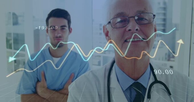 Sr doctor shifting into view jr resident smiling, data feed overlays tracking vitals across faces