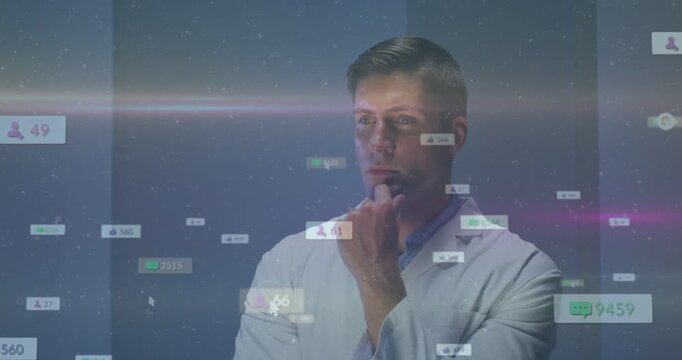 Doctor lifting left hand and swiping floating data badges, density rising, analyzing clinical data