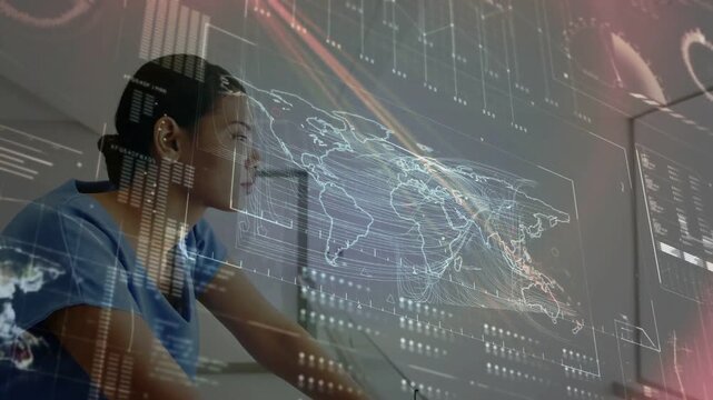 Vertical video: Leaning nurse in blue scrubs studying map as overlay appears at desk, tracking data