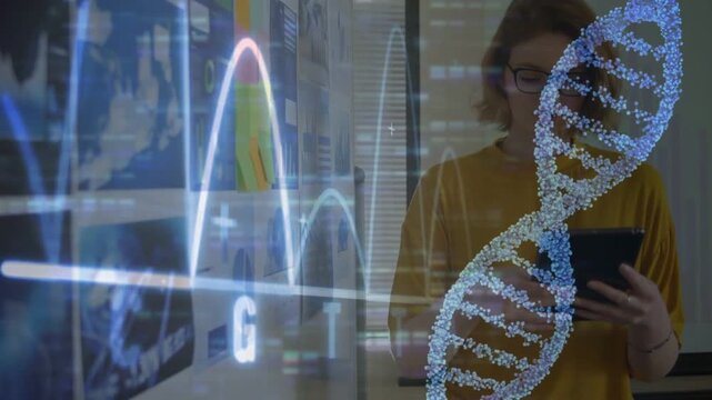Woman holding tablet tapping screen, input initiating animating DNA helix and graphs for research