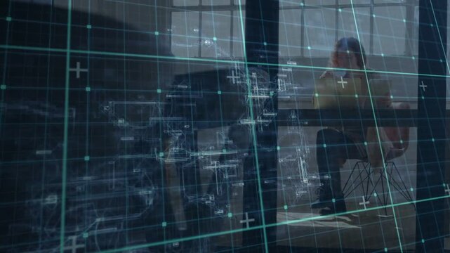 Seated man shifting slightly in lounge, hologram grid drifting to reveal figure for technology demo
