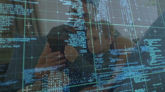 Father raising tablet, tapping, son leaning in, learning tech with blue code overlay drifting