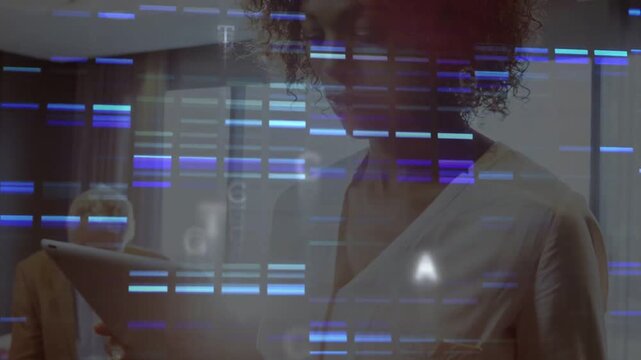 Presenter tapping tablet starting blue bands with letters ACG overlaying face showing genomic data