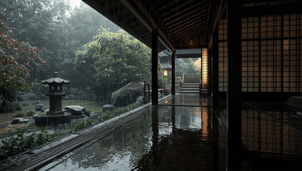 Fototapeta premium 初夏の雨に濡れた庭を縁側から望む日本家屋の静かな風景