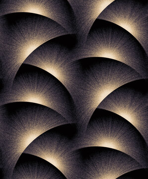 Seamless abstract background with golden fan patterns on black featuring a luxurious Art Deco style with radiant light gradients
