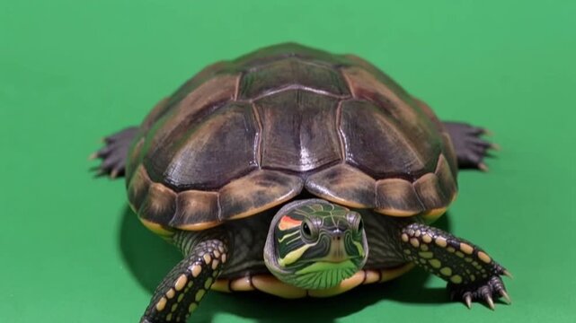 Close up of a red eared slider turtle resting on a vibrant green surface showing detailed textures of its shell, head, and limbs in sharp focus