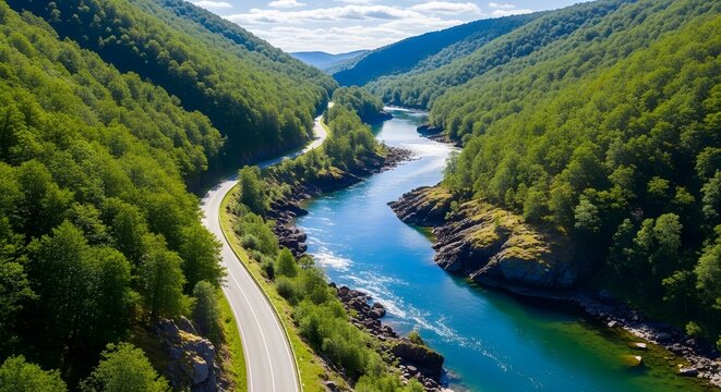 Vista a&eacute;rea del puente de carretera asfaltada con coches y lago de agua azul y bosques verdes en Finlandia.