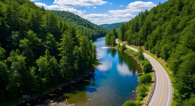 Vista a&eacute;rea del puente de carretera asfaltada con coches y lago de agua azul y bosques verdes en Finlandia.