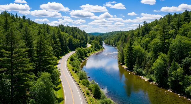 Vista a&eacute;rea del puente de carretera asfaltada con coches y lago de agua azul y bosques verdes en Finlandia.