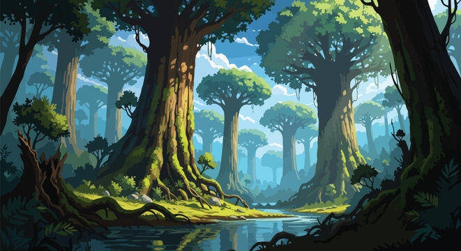 A serene primeval forest vista with colossal trees reflecting in tranquil river water under a clear sky