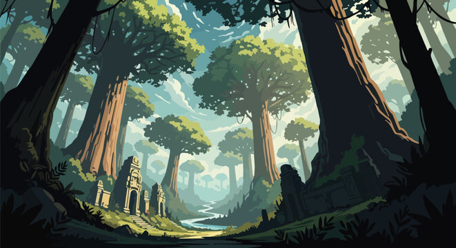 Ancient mystical forest vector illustration featuring colossal trees, a tranquil winding river, and enigmatic crumbling ruins nestled within dense,