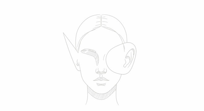 Surreal portrait of a woman with an extra ear and pointed ear, abstract art, line drawing