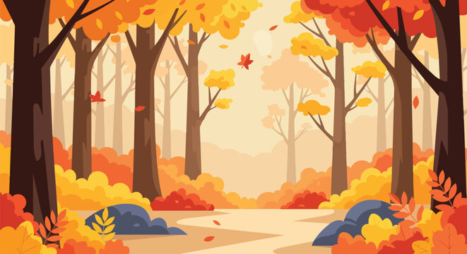 Vibrant autumnal woodland pathway scene with falling leaves and glowing forest floor a picturesque natural setting showcasing seasonal beauty