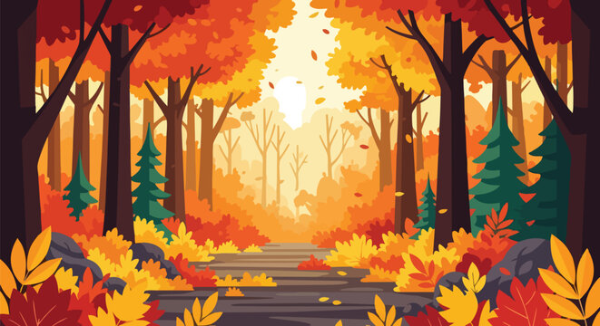 A captivating pathway through a vibrant autumn forest with colorful foliage and warm light